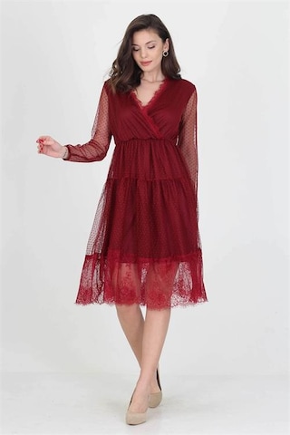 Neşeli Butik Neseli Butik Kruvaze Yaka Eteği Güpür Detaylı Yeni Sezon Elbise Nb0010 Bordo