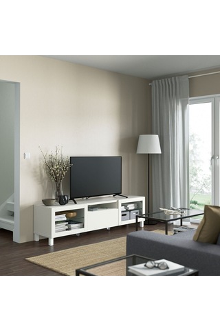 Tv Sehpası, Beyaz-şeffaf Cam, 180x42x48 Cm, Lappvıken/sındvık, Çıt Çıt Raylı Beyaz