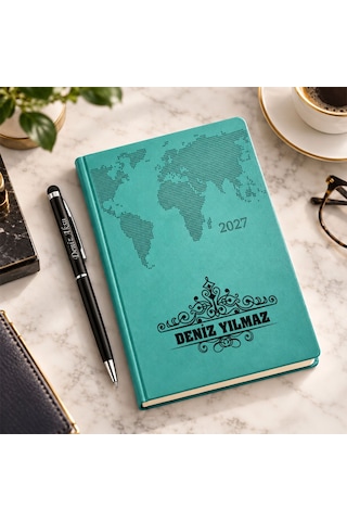 Bk Gift Kişiye Özel 378 Termo Deri Tarihli Ajanda & Siyah Touch Pen Tükenmez Kalem-13 Turkuaz