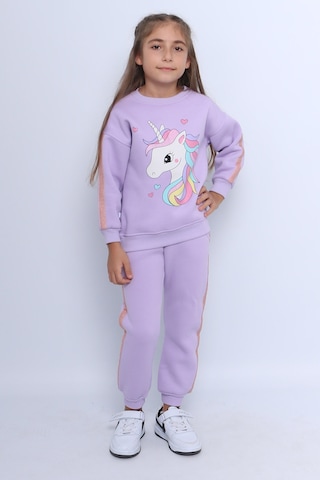 Kız Çocuk 3 İplik Eşofman Takımı Unicorn Baskılı Şeritli C25 LİLA