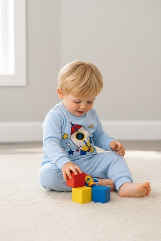 Aden Kids Mevsimlik Pamuklu Kumaş Karikatürlü Çocuk Pijama Takımı Mavi