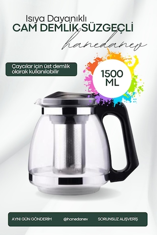 Isıya Dayanıklı Süzgeçli Cam Demlik 1500 Ml Çaycı Çay Makinesi Demliği Teapot 1.5 Litre Siyah