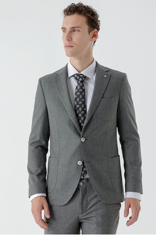 Morven Erkek Gri Poliviskon Trend Desenli Slim Fit Mono Yaka Takım Elbise Gri