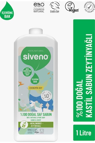 Siveno %100 Doğal Sıvı Kastil Sabun Zeytinyağlı Yoğun Nemlendirici Bitkisel Vegan 1 L