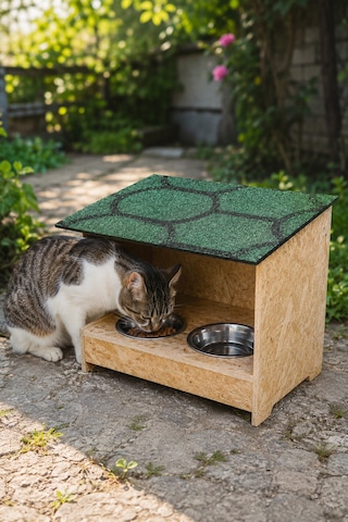 Reyo Narım Doğal Ahşap Kedi Mama İstasyonu, 2'li Mama Ve Su Kabı, Su Geçirmez Membranlı