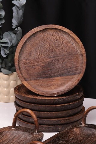 Bambum 8 Parça Pavlonya Obsidian Ahşap Sunum Seti Yuvarlak Ve Dikdörtgen Ayaklı Servis Tabaklar Ahşap