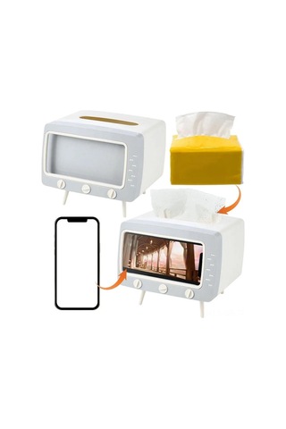 Singree Retro Tv Desenli Çift Fonksiyonlu Servet Tutucu Ve Telefon Tutucu - Ev, Ofis, Restoran Kullanıma Uygun Abs+pp Malzeme Beyaz