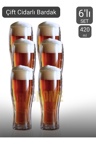 6 Lı Set Bira Bardağı Kahve Bardağı Çift Cidarlı Bardak Meşrubat Bardağı 420 Ml Şeffaf