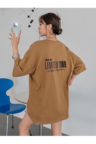 Flood Of Style Kadın Camel Oversize Limited Time Baskılı Tshirt Kahverengi