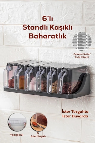 6 Lı Standlı Kendinden Yapışkanlı Kapaklı Kaşıklı Baharatlık Takımı -etiketli Baharatlık Siyah