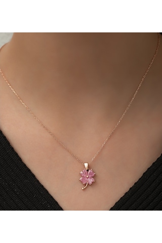 925 Ayar Gümüş Pembe Taşlı Yonca Kolye Kadın Gümüş Kolye