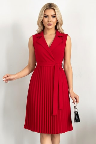 Defymoda Kadın Plise Detaylı Kuşaklı Modern Elbise Kırmızı