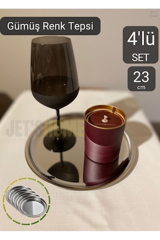 4'lü Set Lüx Sunum Tepsisi Paslanmaz Kahve Tepsisi Çelik Tepsi Yuvarlak Çeyizlik Tepsi 23 Cm Çok Renkli