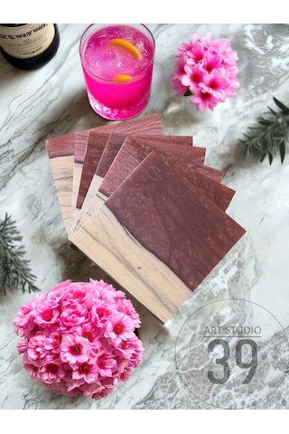 Ceviz & Kahverengi Bakır Epoksi Bardak Altlığı Seti 6 Lı, El Yapımı Ceviz Ahşap, 12x12 Cm, Modern & Şık Tasarım Koyu Kahverengi