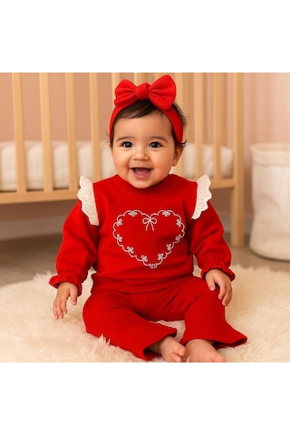 Fiyonk Kalp Baskılı Fitilli Tayt Mevsimlik 2 Parça Set Kırmızı