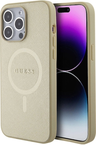 Apple Uyumlu iPhone 15 Pro Max Kılıf Guess Lisanslı Magsafe Şarj Özellikli Yazı Logolu Saffiano Siyah