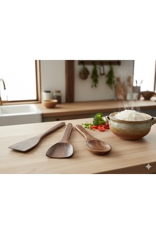 Doğal Ahşap 6 Parça Mutfak Gereçleri Seti Yemek Pişirme Ve Servis Seti Kaşık, Spatula, Kevgir, Salata Servis Kaşığı Sağlıklı, Dayanıklı Ve Şık Tasarım