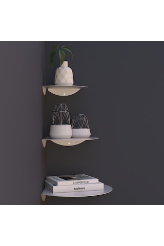 Oval Metal 3'lü Duvar Köşe Rafı Modern Dekoratif Raf Seti Beyaz