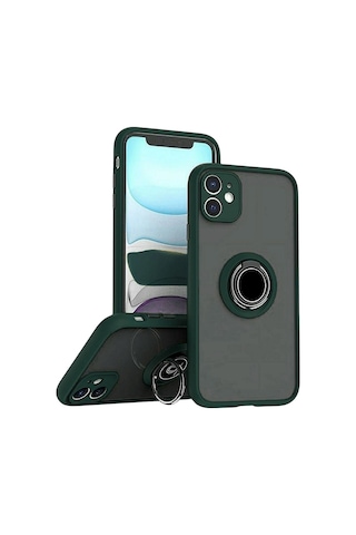 Apple Uyumlu iPhone 11 Kılıf Yüzüklü Standlı Extra Darbe Koruma Sert Silikon Kapak Yeşil