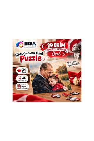 29 Ekim Cumhuriyet Bayramı Na Özel Atatürk İle Sarılma Temalı Çocuğunuza Özel Fotoğraflı Puzzle 24 Parça A5 - 938826538