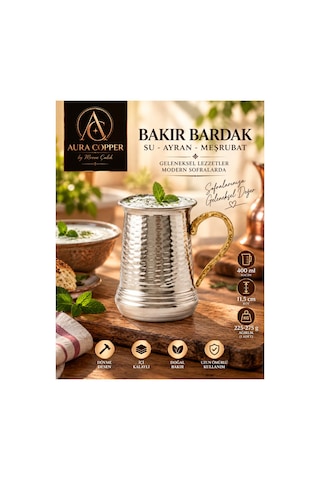 1 Adet: Kulplu Bakır Ayran Bardağı 400 Ml Dövme Desen İçi Kalaylı Gümüş Renk Su Meşrubat Bardağı Kupa - Bakır Bileklik Hediyedir Trs-0156