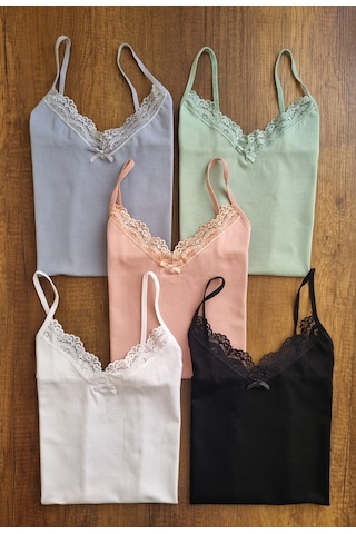 Demirsa Boutique Kadın 5'li Paket Dantelli Pamuklu İp Askılı Atlet Mavi, Yeşil, Pudra, Siyah, Beyaz Mavi-pudra-yeşil-siyah-beyaz5