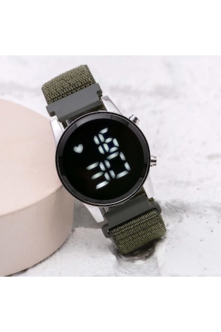 Haki Yeşil Cırtlı Yapışır Kordon Unisex Erkek Yetişkin Çocuk Dijital Saat St-304058