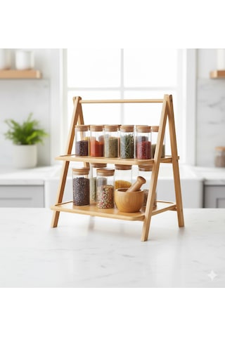 Bambu Baharat Standı, Katlanır Ayaklı, 3 Katlı Bambu
