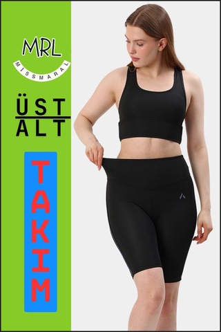 Kadın Siyah Takım Alt-üst Kısa Şort-tayt Ve Pedli Sporcu Büstiyer 2li Set Antrasit Biyeli Elt3043 Siyah Antrasit