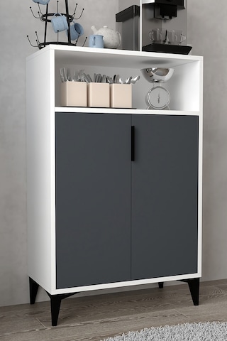 1202 Ada Çok Amaçlı Dolap , Kahve Köşesi , Kiler Dolabı , Mutfak Standı 2 Kapılı - Beyaz Antrasit Antrasit - Beyaz