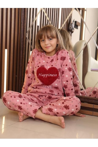 Sleeproom Kışlık Kalın Polar Kız Çocuk Pijama Takım Pembe