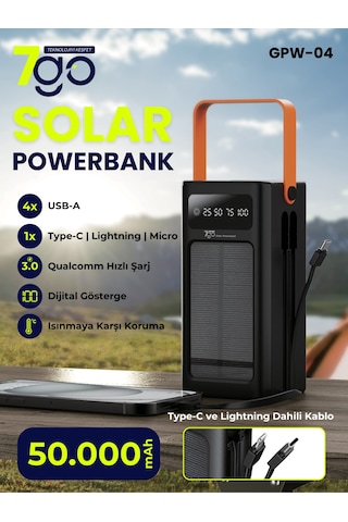 7go Gpw-04 50.000mah Solar Powerbank 4xusb-a, Qualcomm 3.0 Şarj Dahili Lightning & Usb-c Ka Siyah