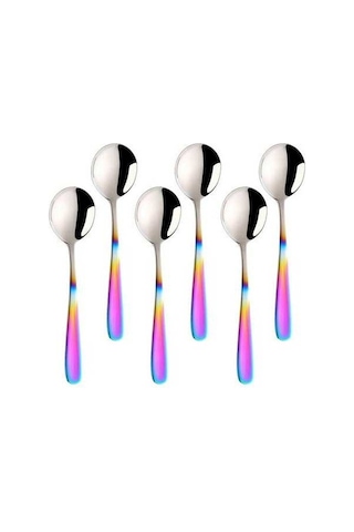 Fastbuy Et Suyu Kaşık Seti, 7 Yuvarlak Çorba Kaşıkları, Paslanmaz Çelik, Degrade Gökkuşağı Renk