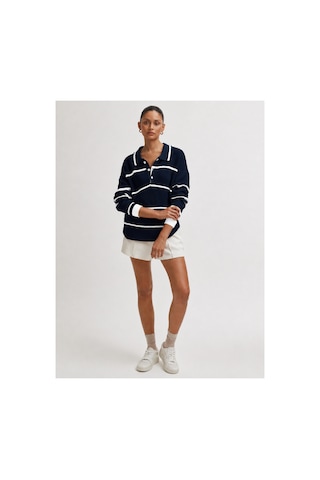 Nimas Kadın Polo Yaka Düğmeli Çizgili Oversize Triko Kazak Lacivert - 910301349 Lacivert