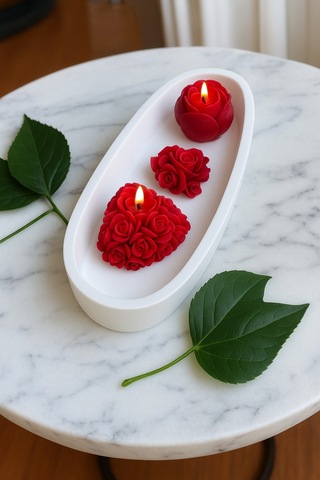 Dekoratif Gül Şeklinde Kırmızı Mum Seti Romantik Hediyelik Beyaz