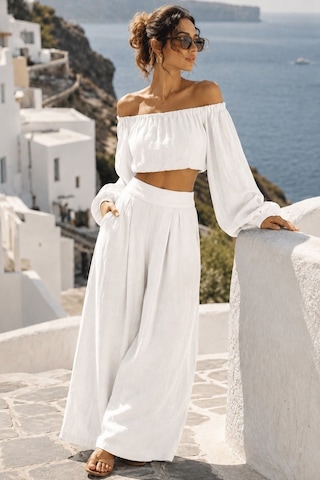 Madmext Ekru Madonna Yaka Bluz Bol Paça Pantolon Kadın Takım Mg2863