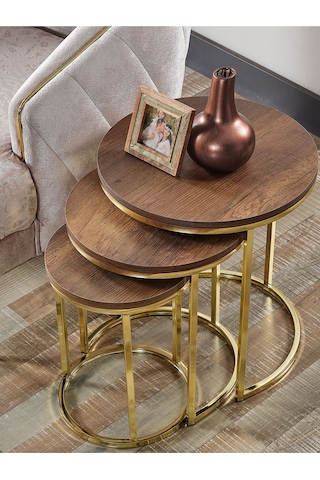 3' Lü Koyu Ceviz Ahşap Gold Metal Sehpa
