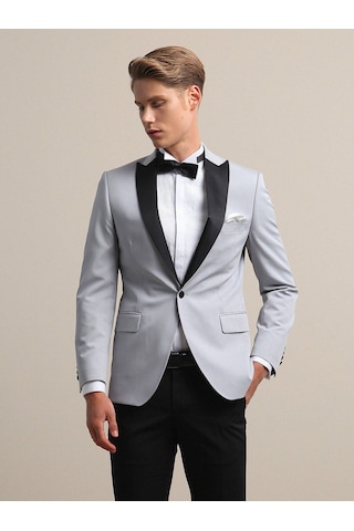 Kip Açık Gri Slim Fit Kelebek Yaka Dokuma Smokin Takım Elbise Çok Renkli