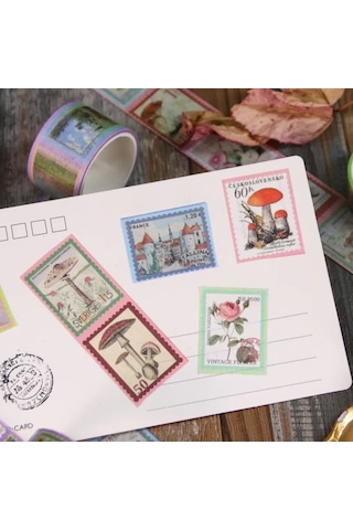 Vintage Washi Tape Bant Baskılı Yapışkanlı Maskeleme Kağıdı Desenli Bant 10'lu - Bordo Pul Mektup 1