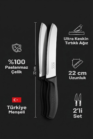 Makri Home Makri Home 2'li Ultra Keskin Tırtıklı Bıçak Seti, Siyah 22 Cm Paslanmaz Çelik Beyaz - Siyah