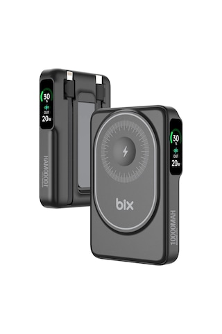 Bix Tpb16 10000 Mah Oled Ekranlı Manyetik Kablosuz Powerbank 20w Pd Hızlı Şarj Ve 15w Magsafe Siyah