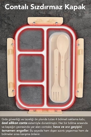 Sızdırmaz Contalı Yemek Kabı - 4 Bölmeli Çatal Kaşıklı Diyet Beslenme Kutusu Lunch Box Pembe Pembe