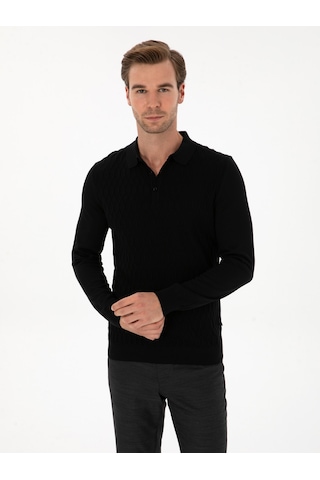 Cacharel Siyah Slim Fit Yün Karışımlı Polo Yaka Triko Kazak
