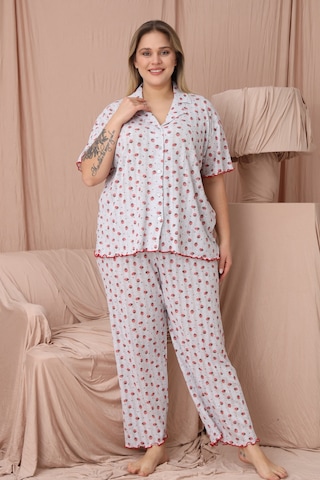 Wordex Mirano 1851 Pointel İnce Kumaş Düğmeli Kısa Kollu Büyük Beden Kadın Pijama Takımı Gri