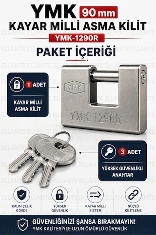 Kayar Milli Asma Kilit Ymk-1290r Kalın Çelik Gövde Yüksek Güvenlikli Paslanmaya Dayanıklı 3 Anahtarl