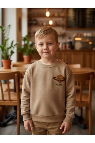 Zekids Erkek Çocuk Pamuklu Gezegen Baskılı Batik Sweatshirt-16332 Bej