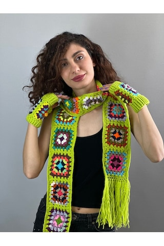 Gönülden Tasarım El Örgüsü Etnik Motif Desenli Atkı Eldiven Set Atkı 180 Cm Fıstıkyeşil