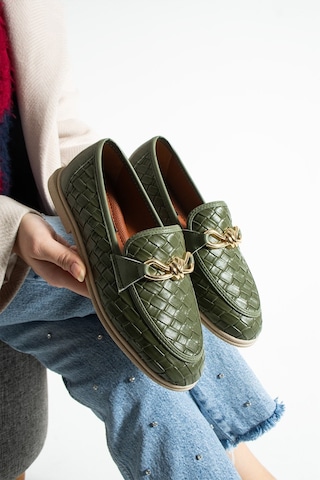 Lebibe Shoes Maby Kadın Haki Örgü Dokulu Zincir Detaylı Loafer Düz Ayakkabı Babet