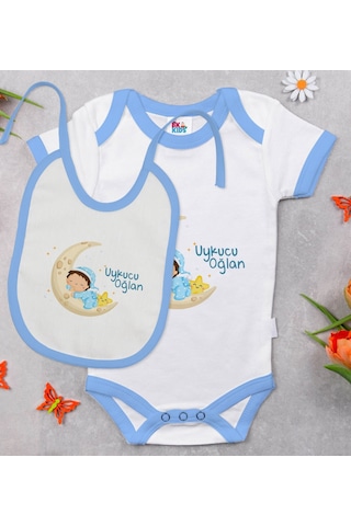Bk Kids Uykucu Oğlan Tasarımlı Mavi Bebek Body Zıbın Ve Mama Önlü Çok Renkli