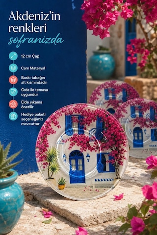 6 Lı Cam Çay Tabağı Mavi Panjur Ve Begonvil Desenli 12 Cm, 6 Adet Çay Tabak